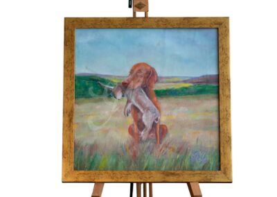 Vizsla és nyúl, vadász festmény Kép méret: 40*40 cm Technika: olaj, vásznon