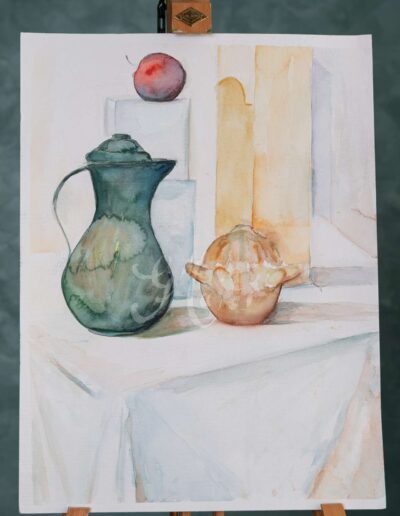 Kopott fém kancsós csendélet Kép méret: 40*32 cm Technika: aqurelle